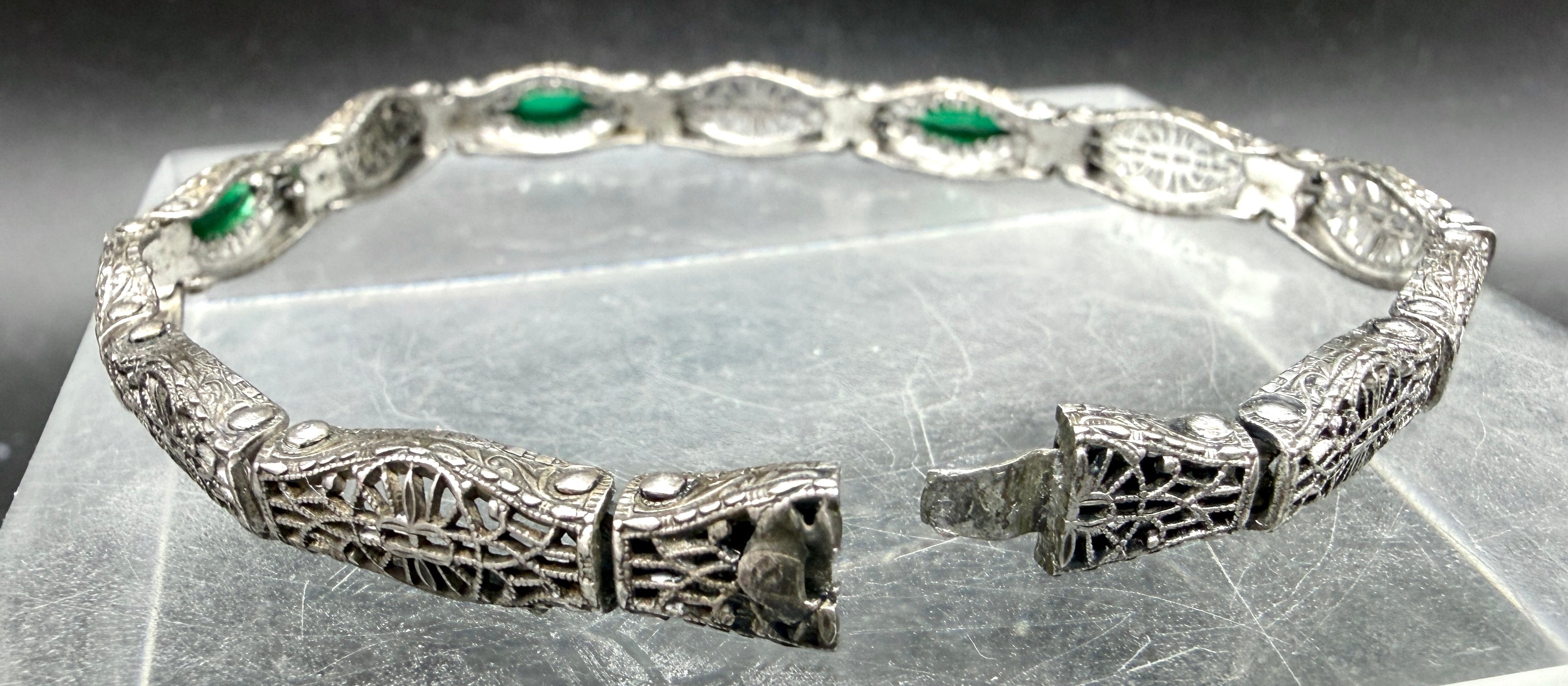 Antique Art Deco Sterling Silver Filigree Style Bracelet - 7.25" BROKEN CLASP