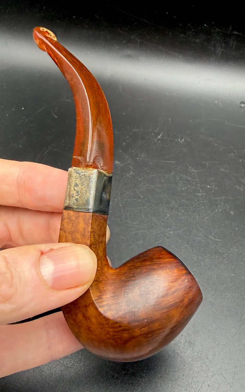 G.F.B. - Antique "Imperial" Bent Egg Pipe with Sterling Band, Amber Stem, Leather Case
