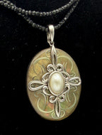 Vintage Abalone Shell Pendant Sterling Silver with Black Beaded Necklace- 36"