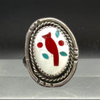Vintage Handmade Inlaid Mother of Pearl Cardinal Sterling Silver Ring - Size 7.5