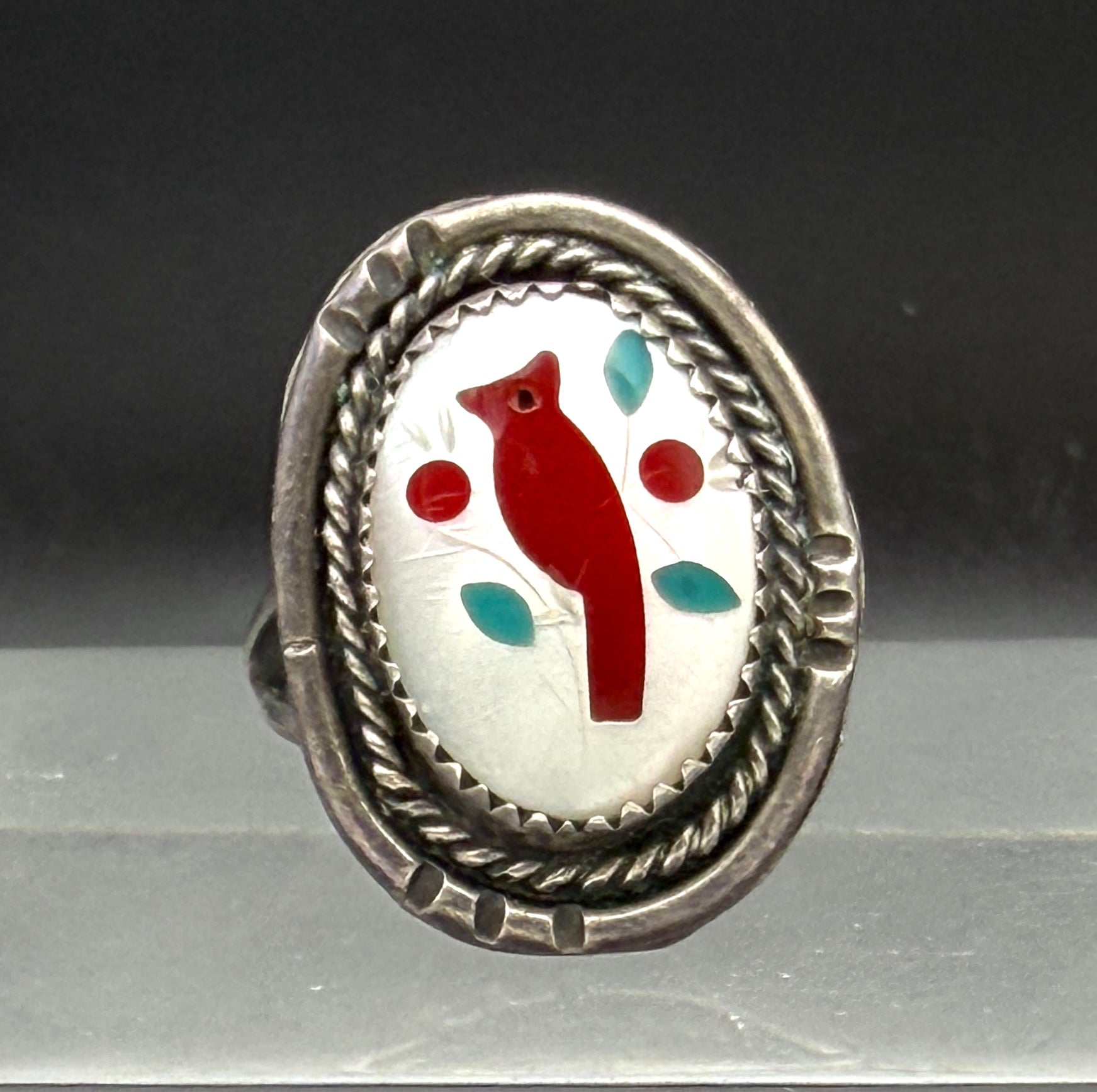 Vintage Handmade Inlaid Mother of Pearl Cardinal Sterling Silver Ring - Size 7.5