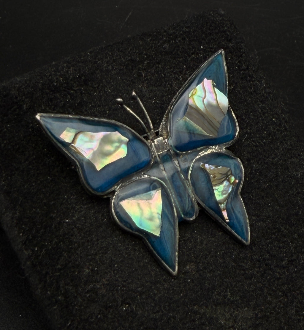 Vintage Handmade Alpaca and Abalone Shell Butterfly Brooch