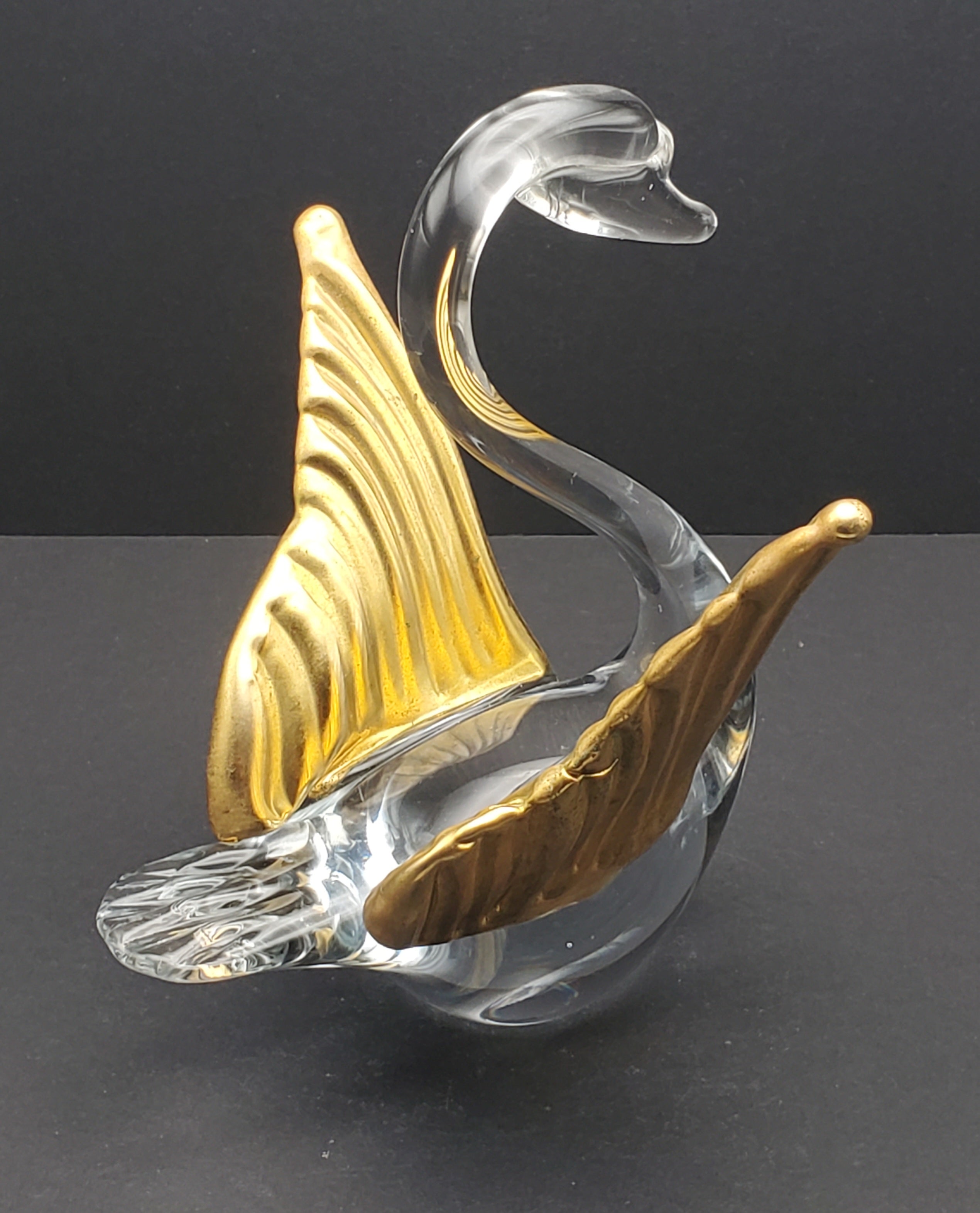 Vintage Gilded Wings Glass Swan Figurine