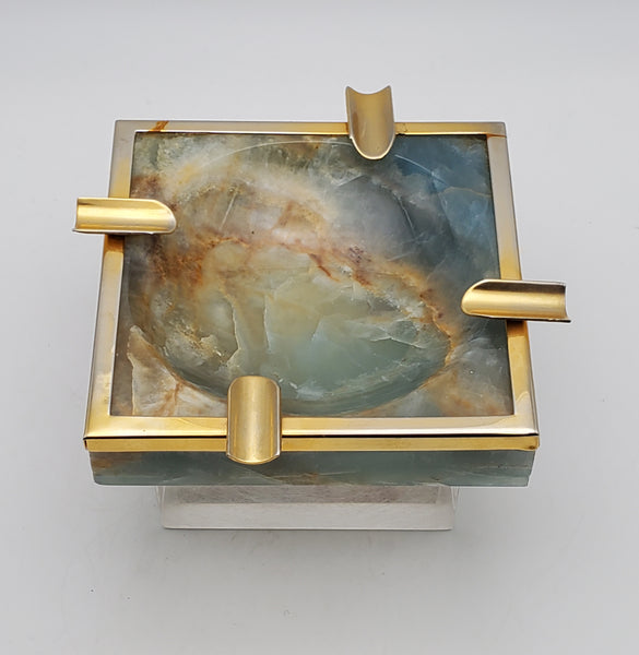 Vintage Blue Banded Calcite "Onyx" and Brass Ashtray