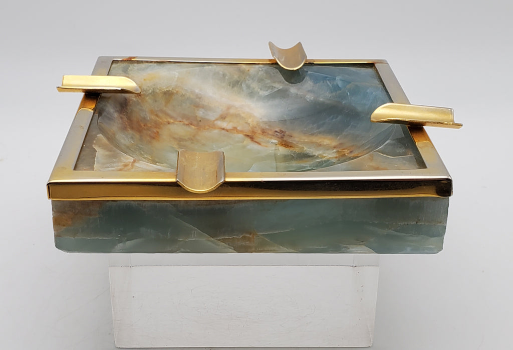 Vintage Blue Banded Calcite "Onyx" and Brass Ashtray