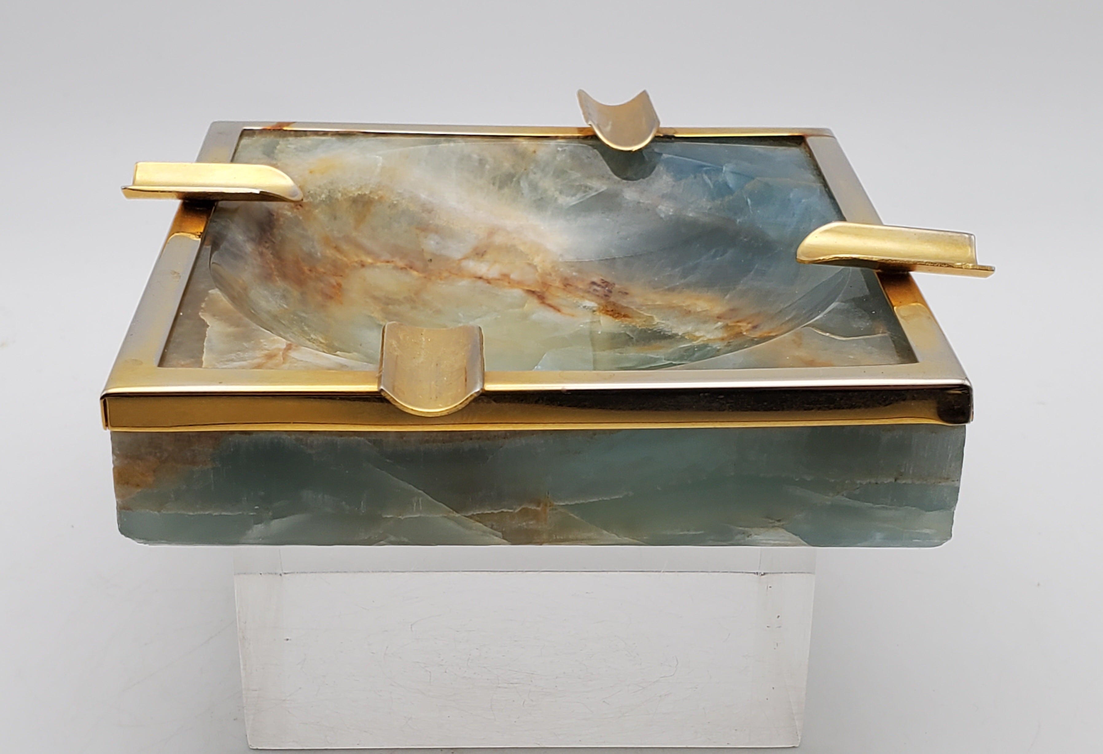 Vintage Blue Banded Calcite "Onyx" and Brass Ashtray
