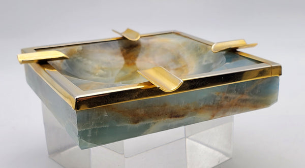 Vintage Blue Banded Calcite "Onyx" and Brass Ashtray