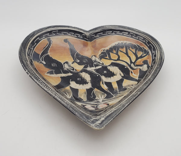 Hand Carved Hand Painted Stone Elephant Heart Shaped Bowl