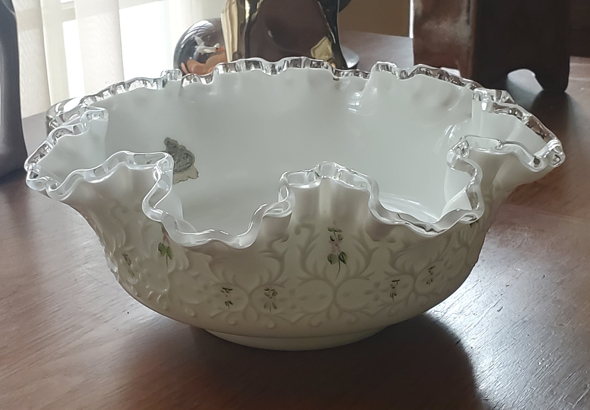 Fenton - Vintage Nancy Long Hand Painted Milk Glass Ruffled Bowl