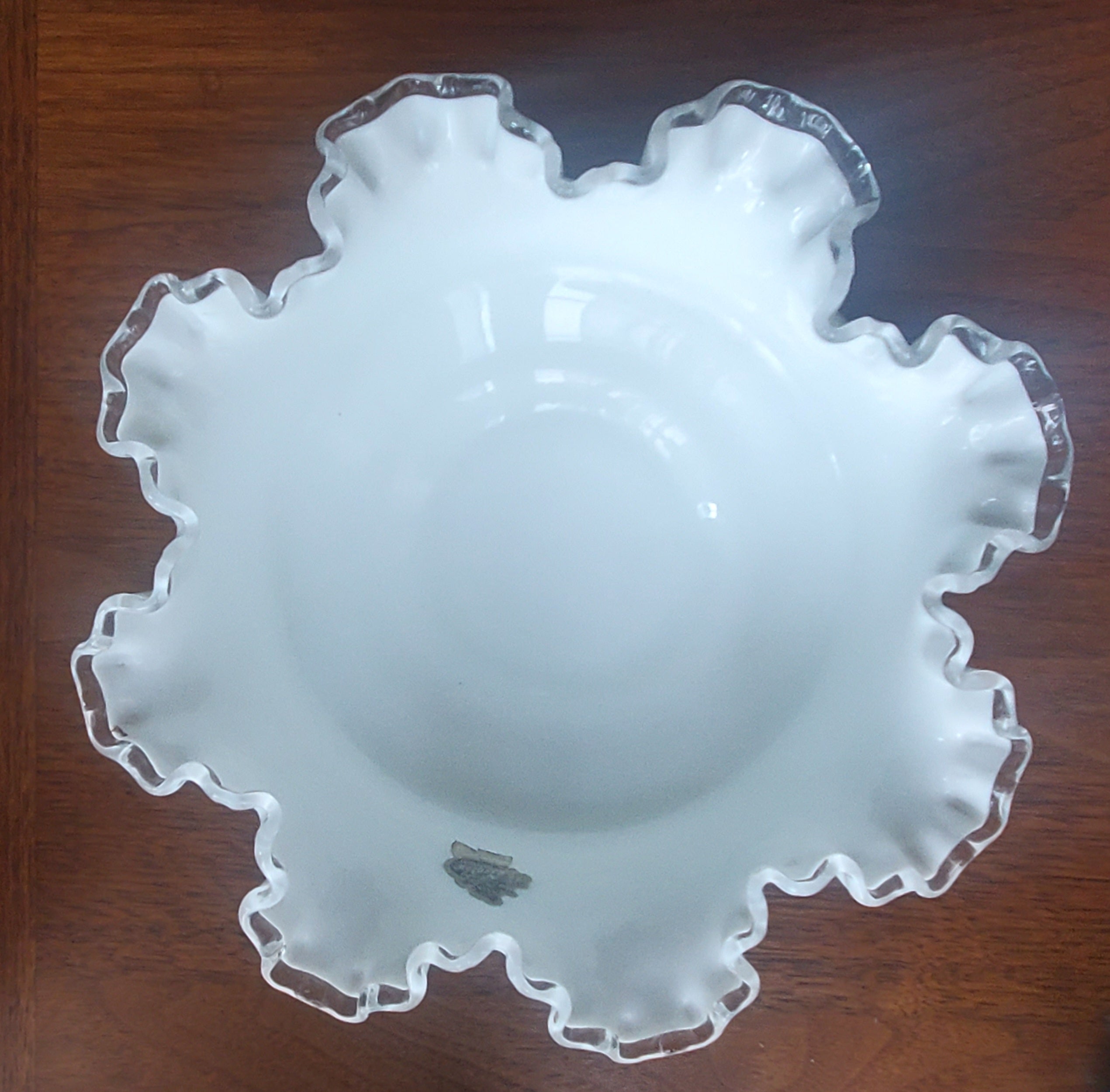 Fenton - Vintage Nancy Long Hand Painted Milk Glass Ruffled Bowl