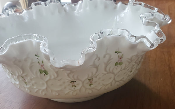 Fenton - Vintage Nancy Long Hand Painted Milk Glass Ruffled Bowl