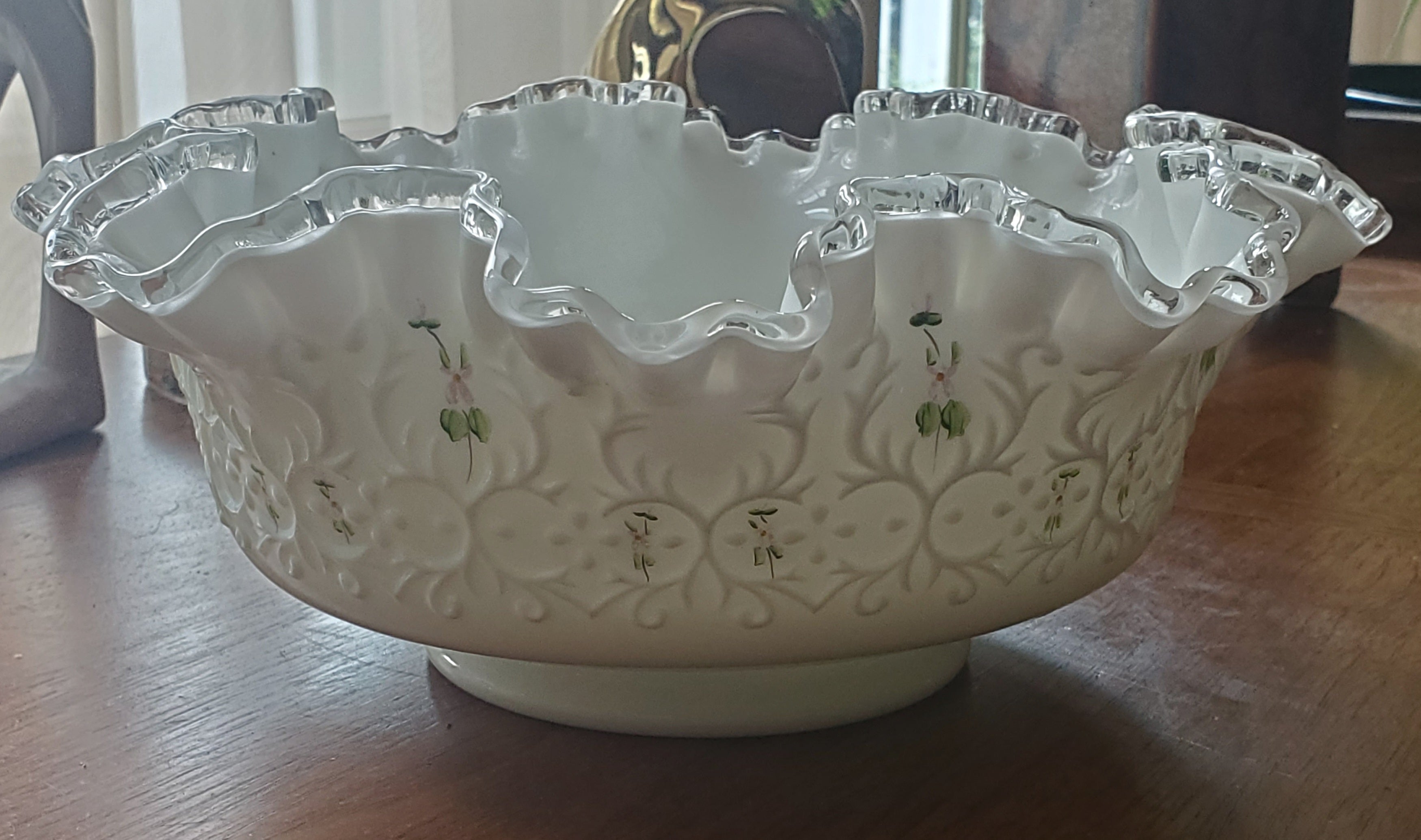 Fenton - Vintage Nancy Long Hand Painted Milk Glass Ruffled Bowl