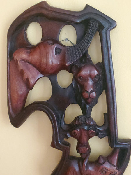 Vintage Hand Carved Africa's Animals Plaque