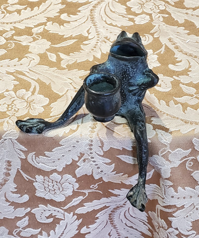 Vintage Bronze Seated Frog Candlestick Holder