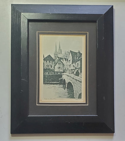 Vintage Framed Sample Greeting Card "Bridge Over L'Eure River"