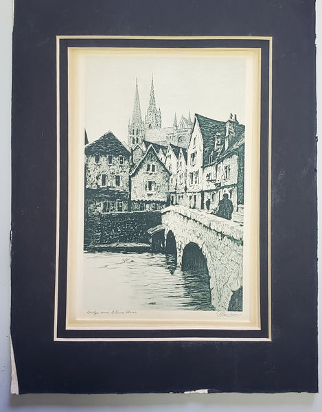 Vintage Framed Sample Greeting Card "Bridge Over L'Eure River"