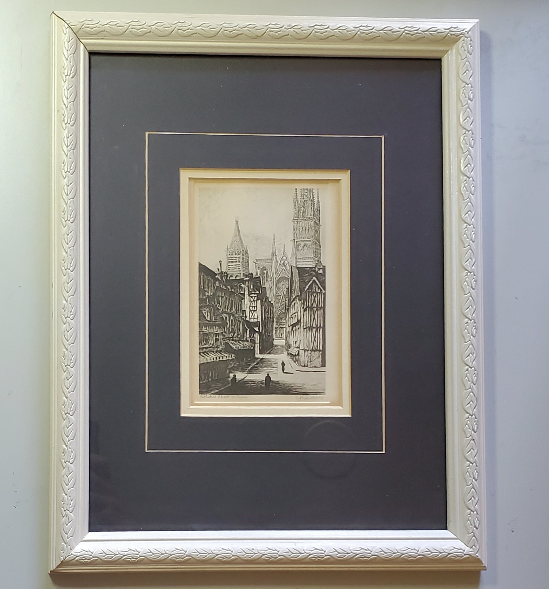 Vintage Framed Sample Greeting Card "Cathedral Street in Rouen"