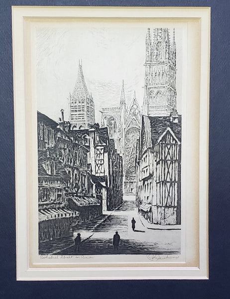 Vintage Framed Sample Greeting Card "Cathedral Street in Rouen"