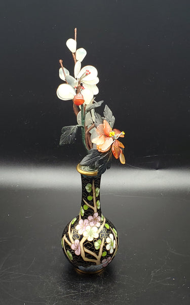 Vintage Carved Gemstone Flowers in Cloisonne Vase