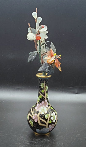 Vintage Carved Gemstone Flowers in Cloisonne Vase