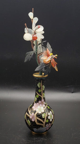 Vintage Carved Gemstone Flowers in Cloisonne Vase