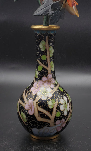 Vintage Carved Gemstone Flowers in Cloisonne Vase