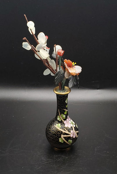 Vintage Carved Gemstone Flowers in Cloisonne Vase