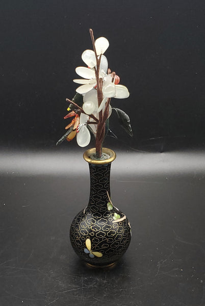 Vintage Carved Gemstone Flowers in Cloisonne Vase