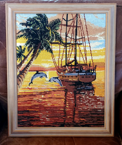 Vintage Needlepoint Tropical Sunset Scene Framed