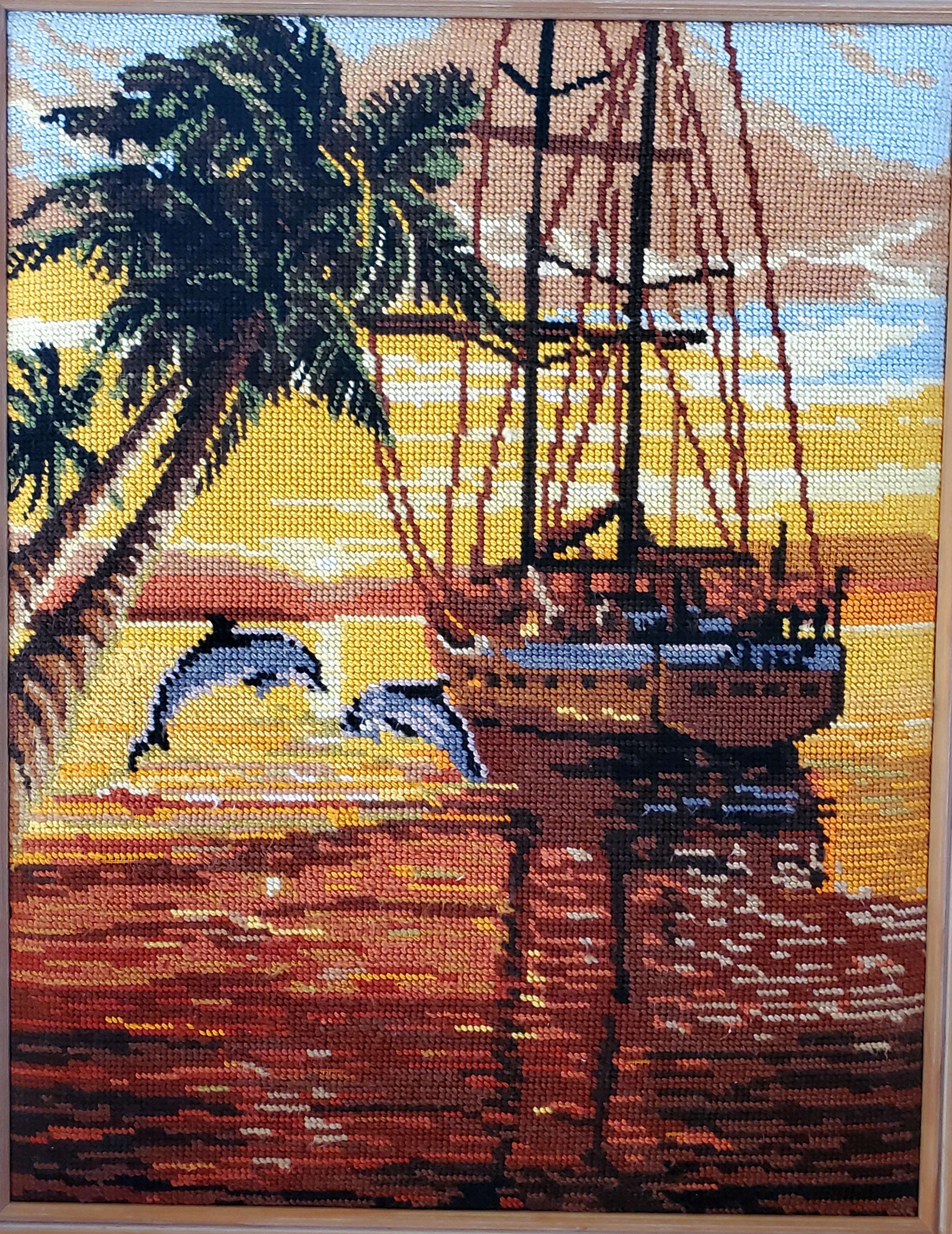 Vintage Needlepoint Tropical Sunset Scene Framed