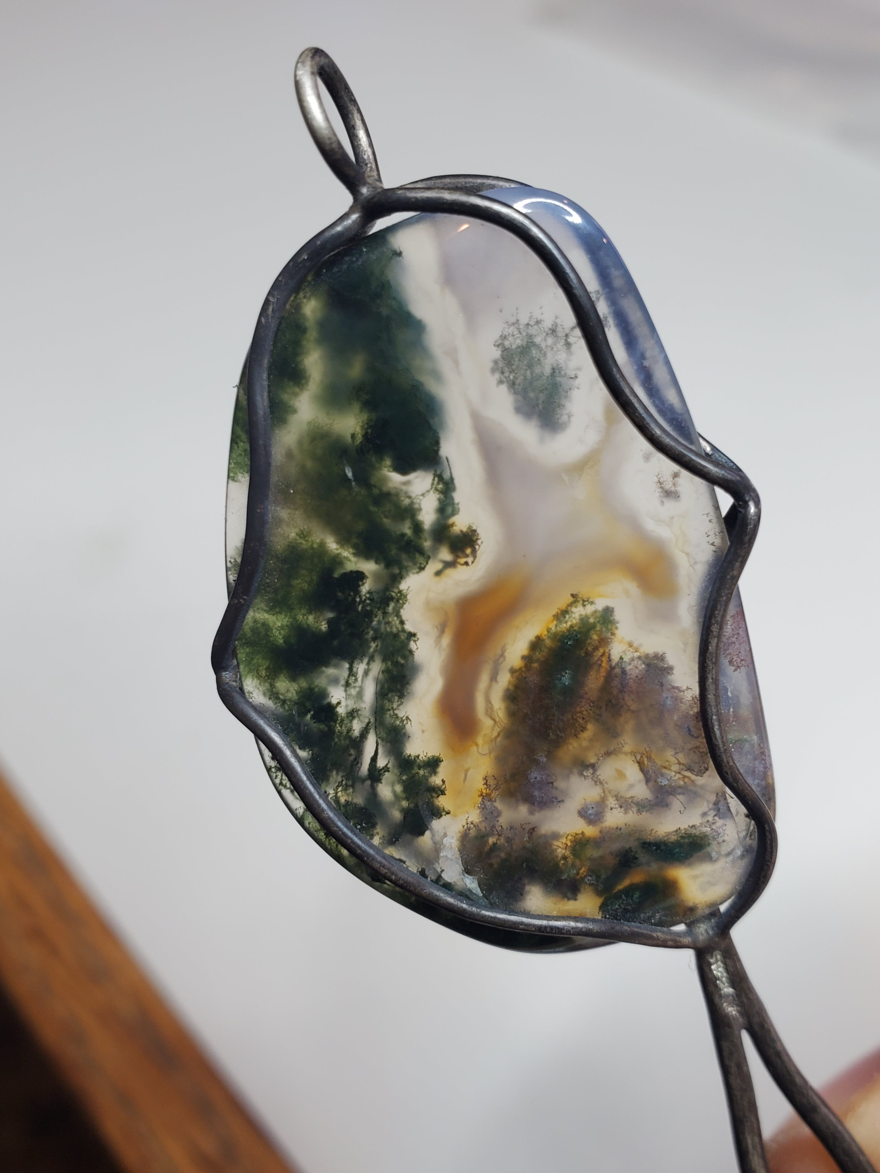 Handmade Vintage Moss Agate Sterling Silver Wire Wrapped Pendant