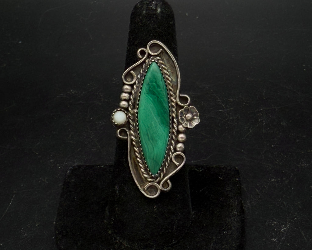 Vintage Malachite Sterling Silver Handmade Ring - Size 7