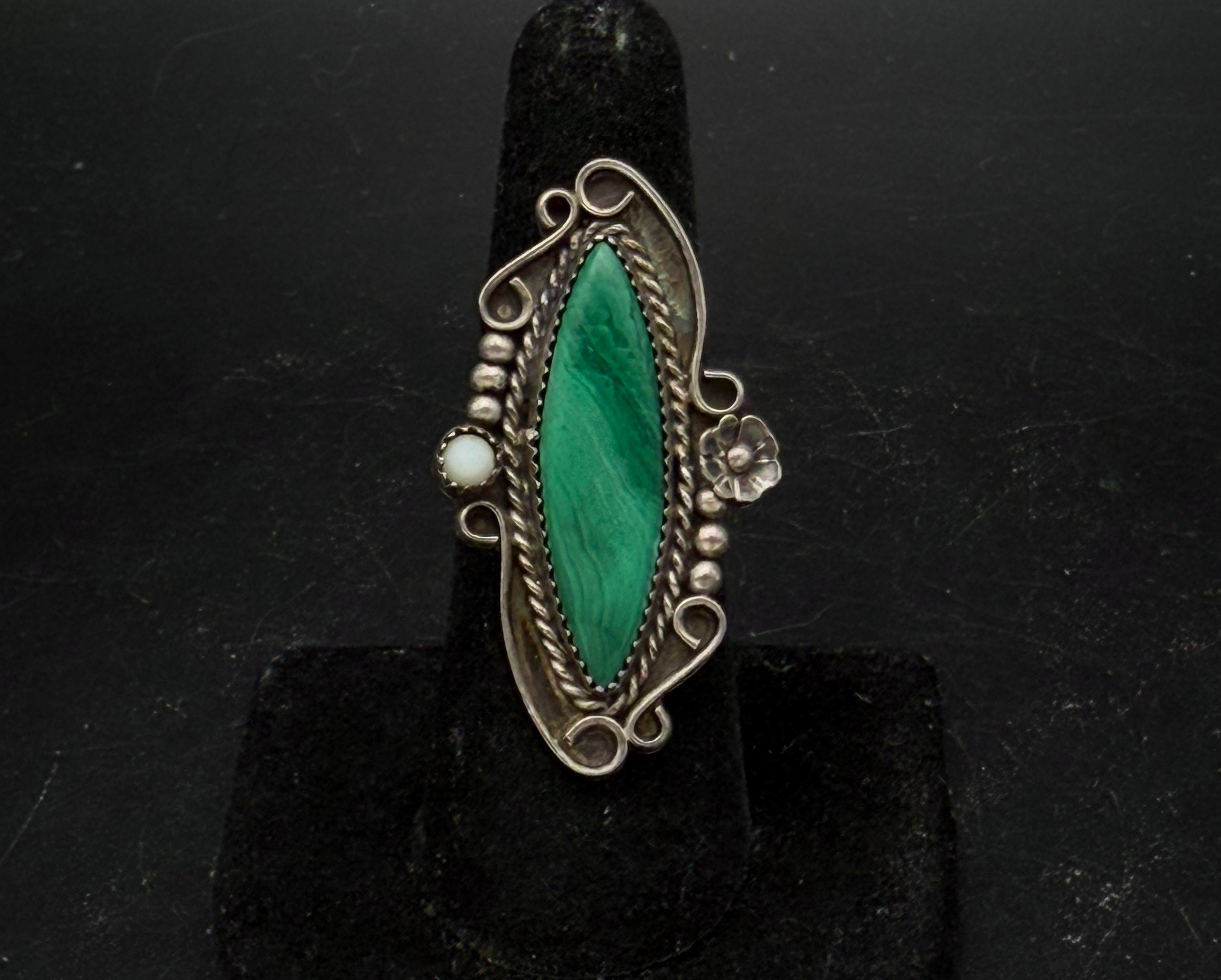 Vintage Malachite Sterling Silver Handmade Ring - Size 7