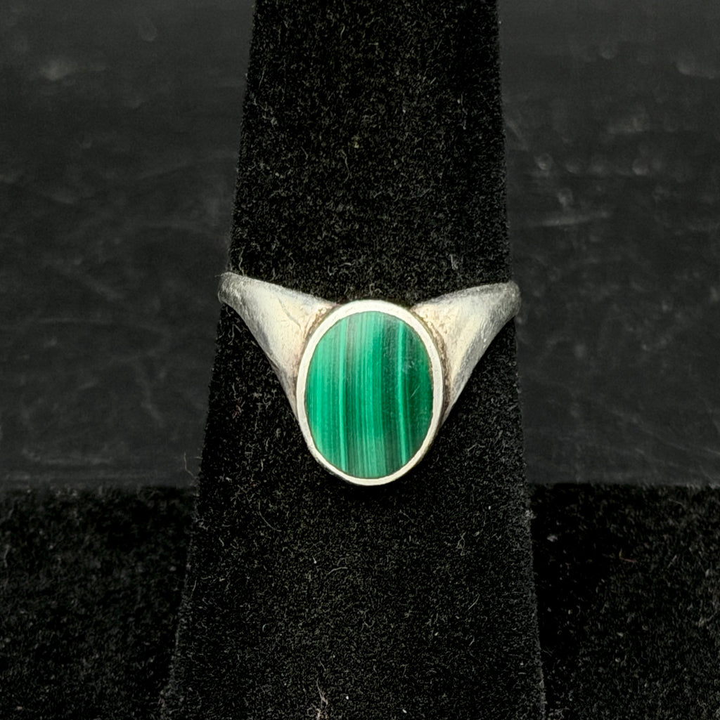 Vintage Malachite Inlaid Sterling Silver Ring - Size 6.5