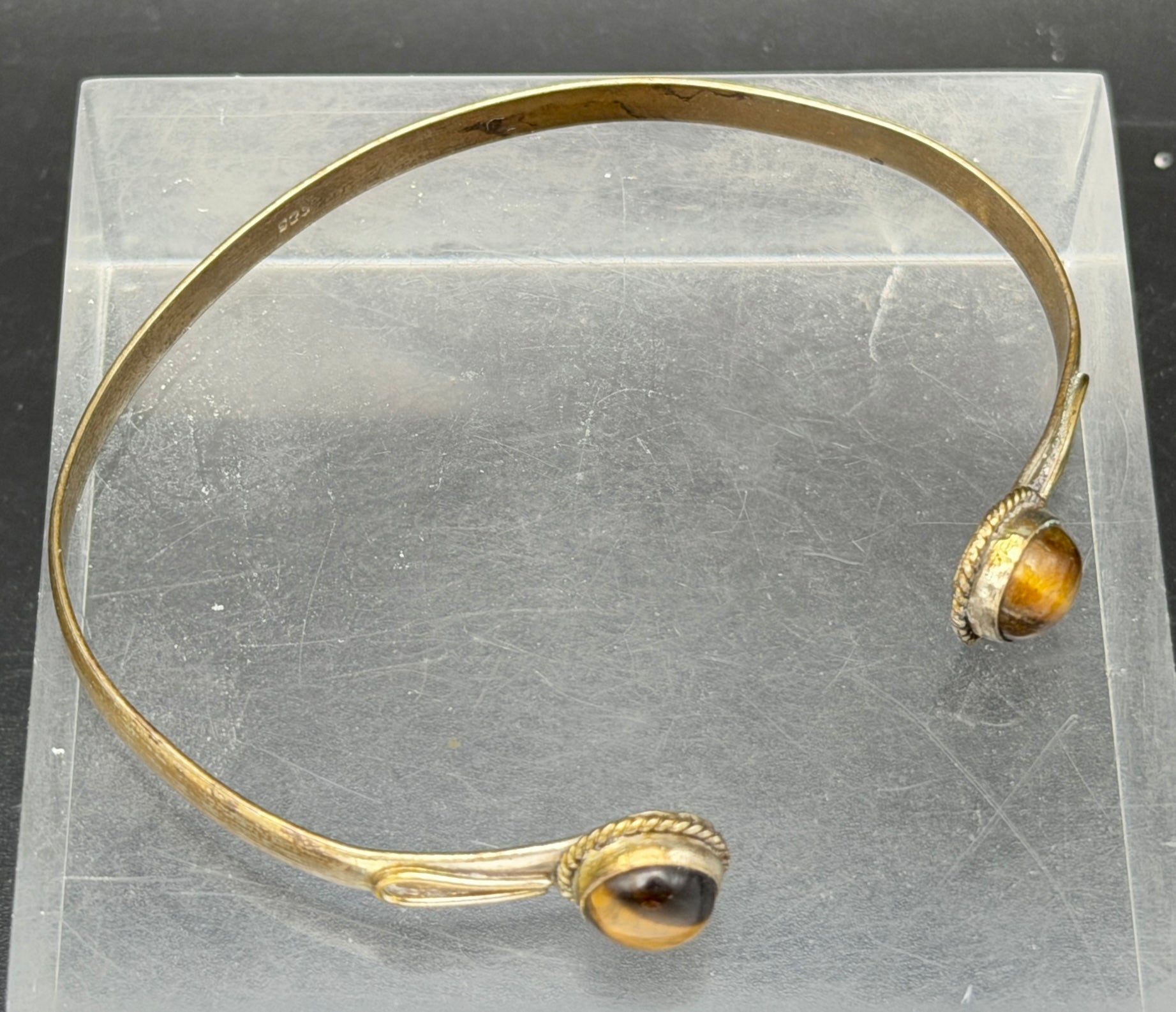 Vintage Handmade Tiger's Eye Silver Plated Open Bangle Bracelet