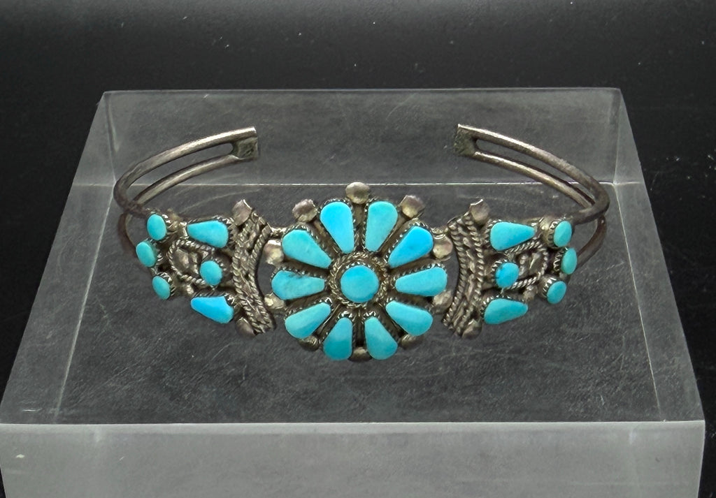 Vintage Handmade Zuni Floral Petit Point Turquoise Sterling Silver Cuff Bracelet