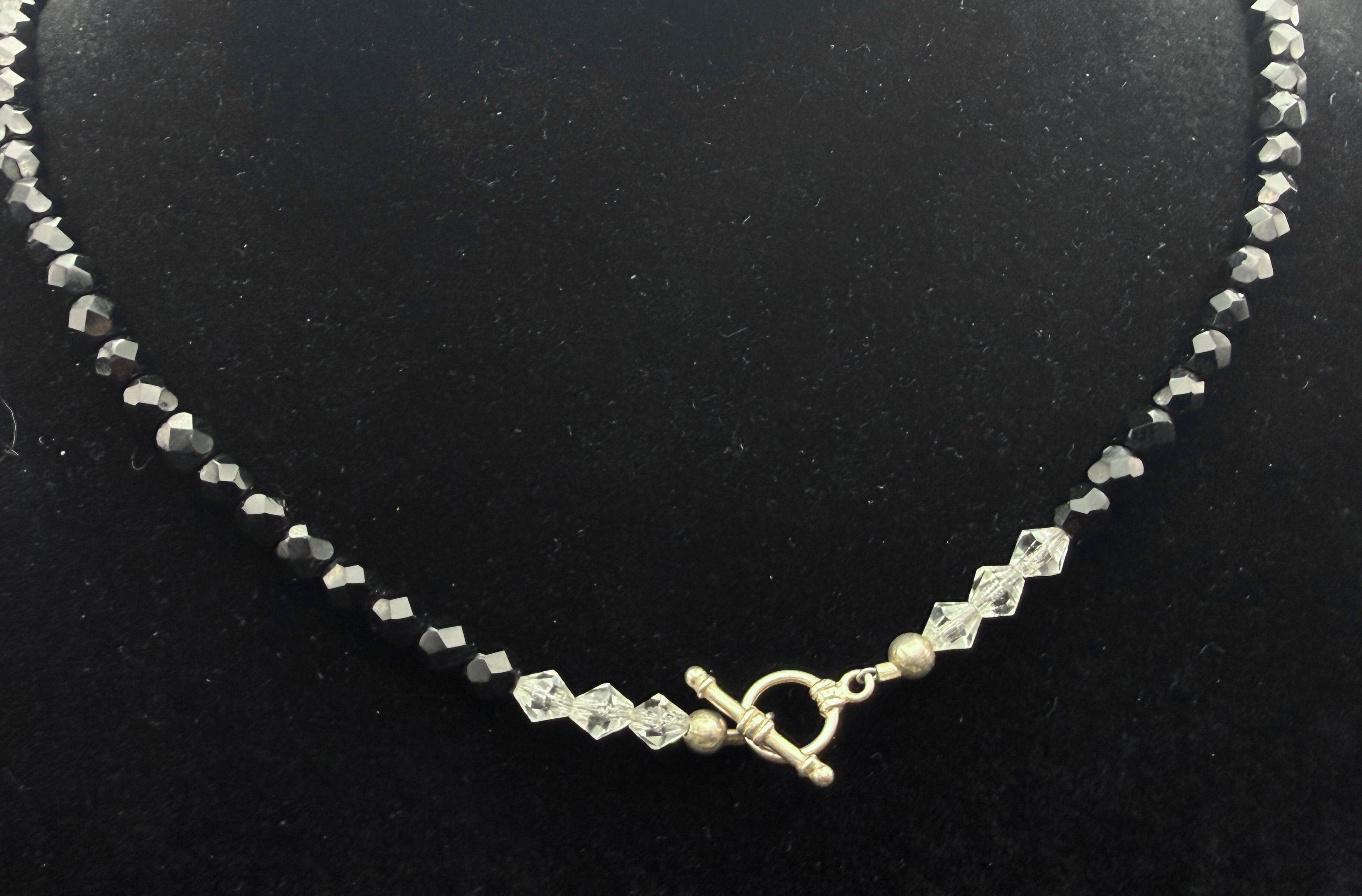 Vintage Faceted Black Crystal Bead Necklace with Sterling Silver Clasp - 17.5"