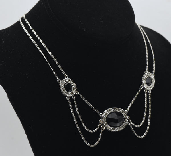 Silver Tone Metal Imitation Black Onyx and Marcasite Chain Necklace - 16"
