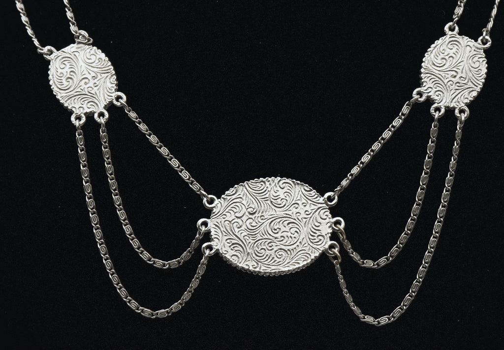 Silver Tone Metal Imitation Black Onyx and Marcasite Chain Necklace - 16"