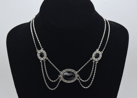 Silver Tone Metal Imitation Black Onyx and Marcasite Chain Necklace - 16"