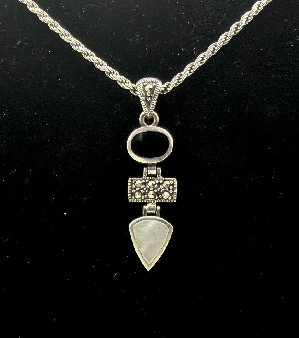 Vintage Black Onyx, Marcasite and Mother of Pearl Pendant on Italian Chain Sterling Silver Necklace - 16"