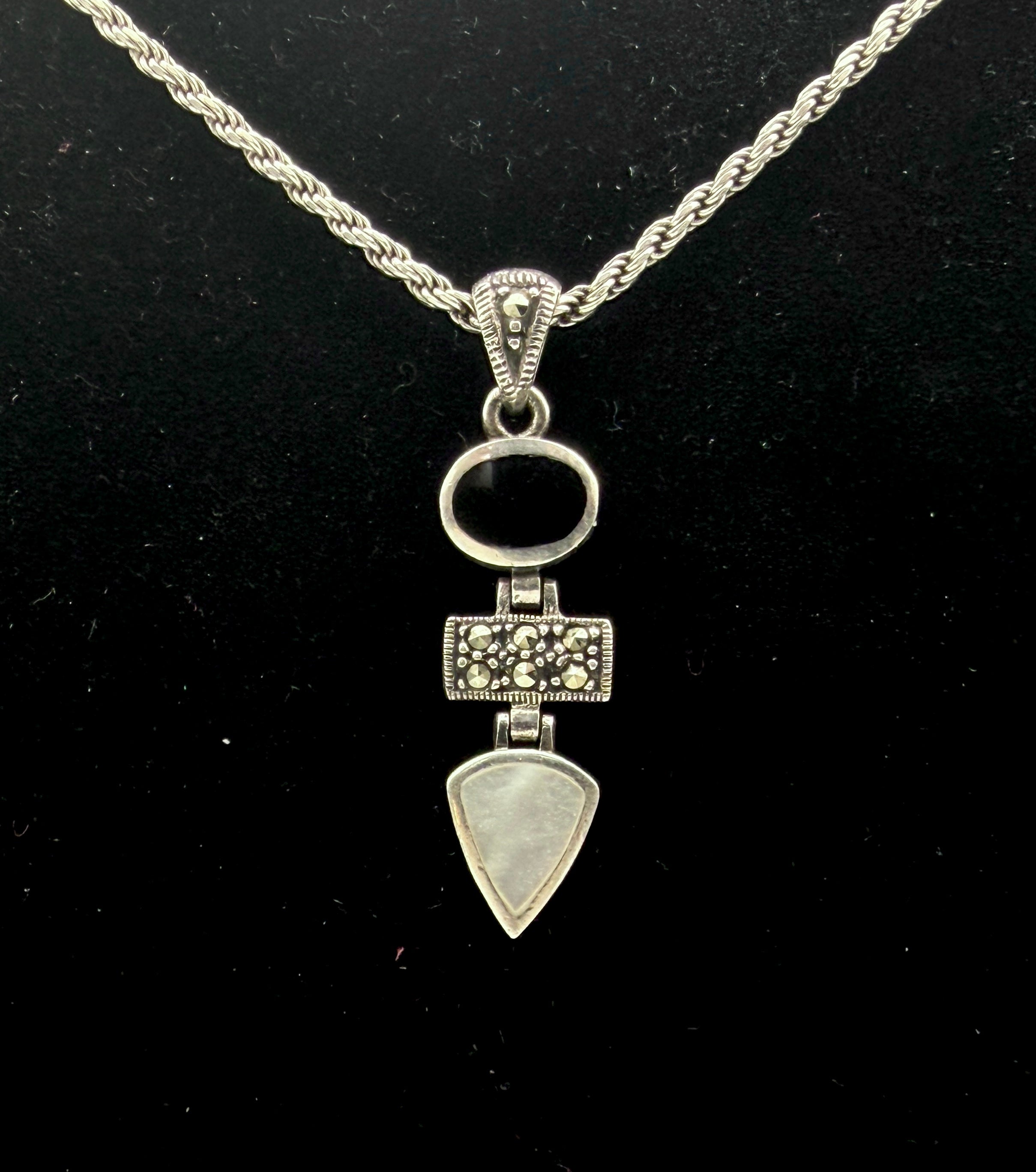 Vintage Black Onyx, Marcasite and Mother of Pearl Pendant on Italian Chain Sterling Silver Necklace - 16"