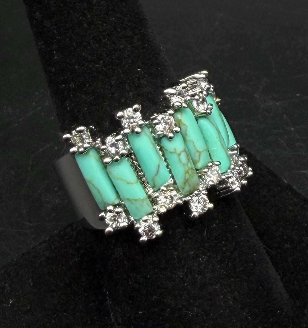 Vintage 18k White Gold Plated CZ and Faux Turquoise Ring - Size 8