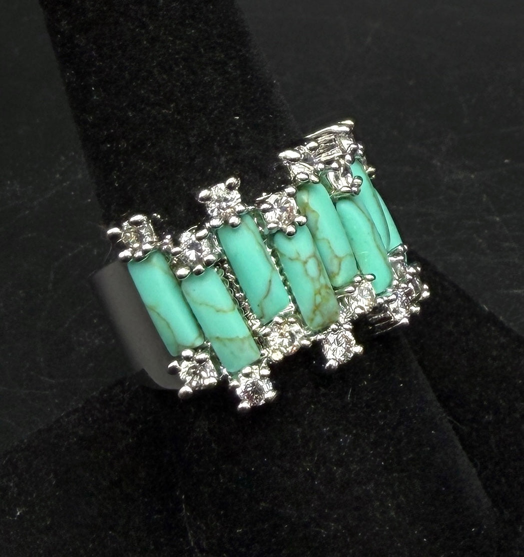 Vintage 18k White Gold Plated CZ and Faux Turquoise Ring - Size 8