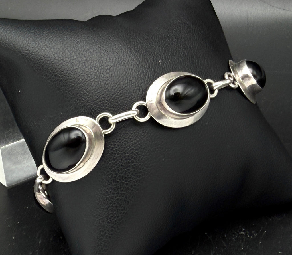 Vintage Handmade Black Onyx and Sterling Silver Links Bracelet - 8"