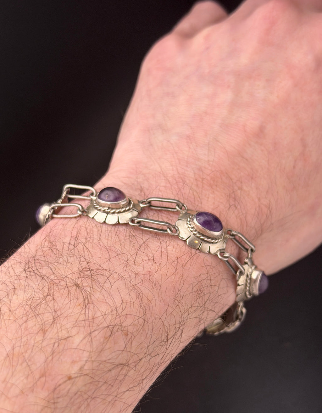 Vintage Handmade Amethyst Sterling Silver Link Bracelet - 8"