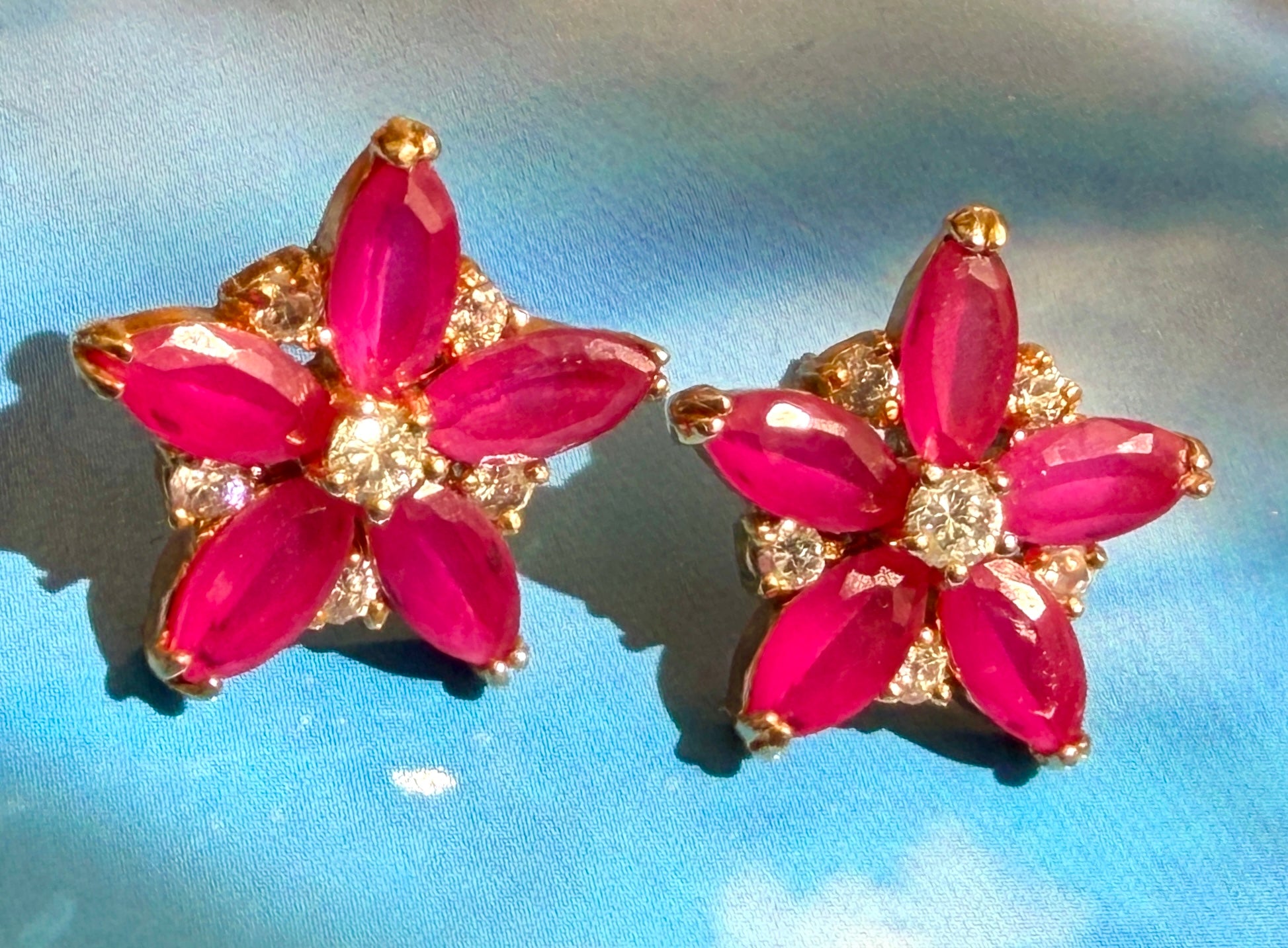 Vintage Synthetic Ruby Gold Plated Floral Stud Earrings