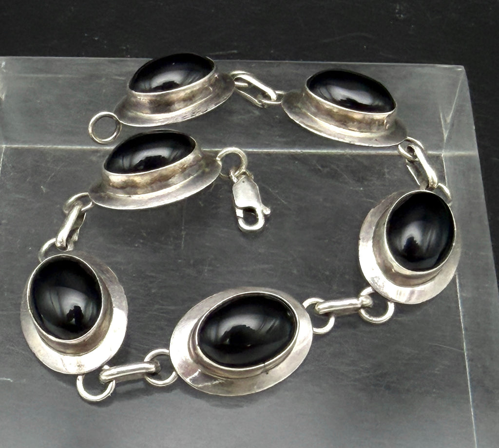 Vintage Handmade Black Onyx and Sterling Silver Links Bracelet - 8"