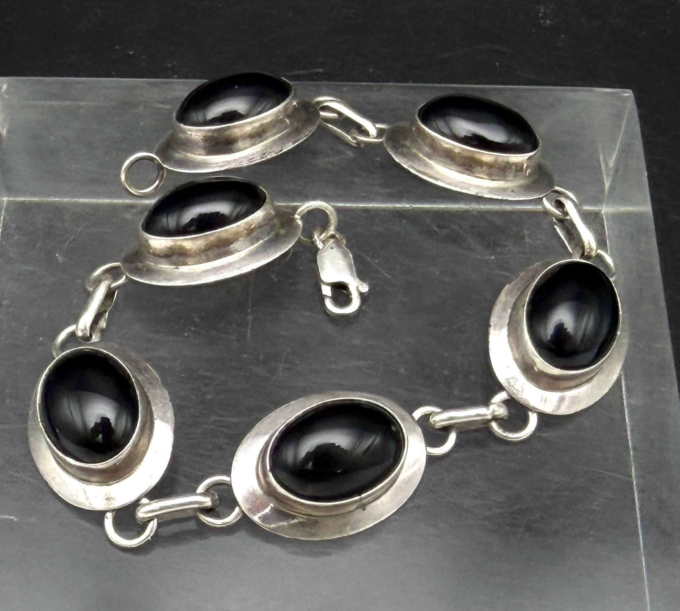 Vintage Handmade Black Onyx and Sterling Silver Links Bracelet - 8"