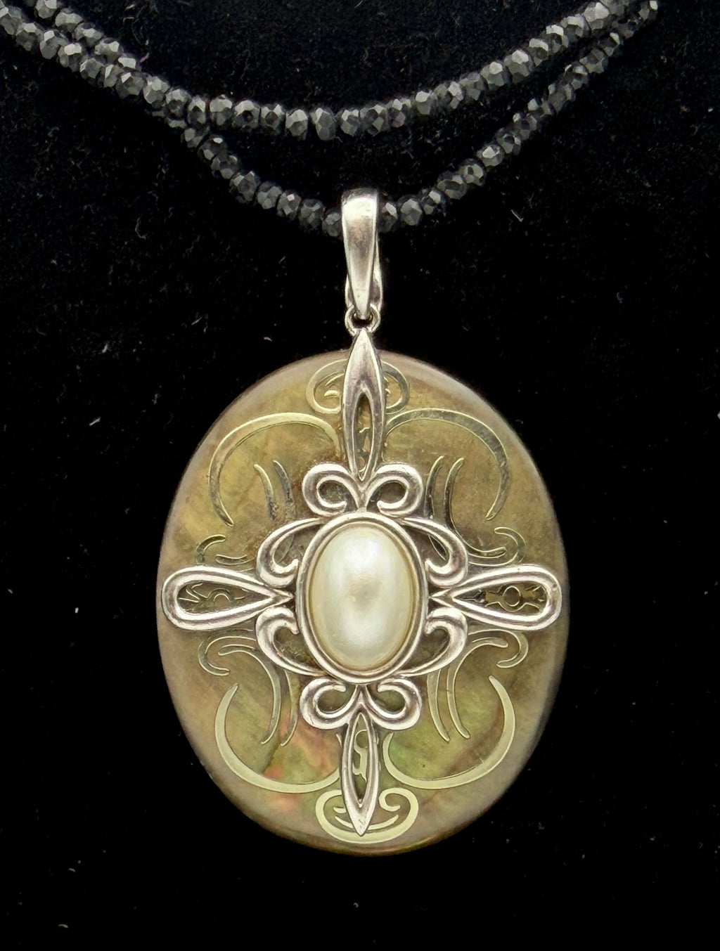 Vintage Abalone Shell Pendant Sterling Silver with Black Beaded Necklace- 36"